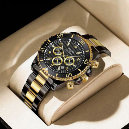 Exklusiv Herrklocka i Svart med Gyllene Detaljer och Kronograf