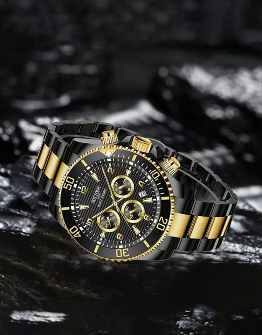 Exklusiv Herrklocka i Svart med Gyllene Detaljer och Kronograf