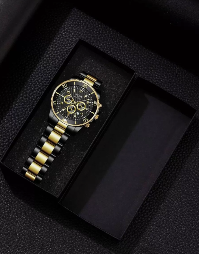 Exklusiv Herrklocka i Svart med Gyllene Detaljer och Kronograf