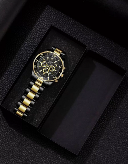 Exklusiv Herrklocka i Svart med Gyllene Detaljer och Kronograf