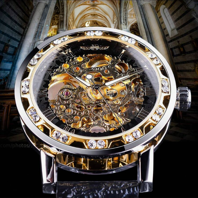 Exklusiv Svart Gyllene Skelettklocka